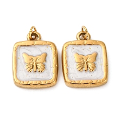 Белый 304 нержавеющей стальной эмали подвески, квадрат с подвеской-бабочкой, с целью перехода в кольце, ионное покрытие (ip), реальный 18 k позолоченный, белые, 16x12x2.5 мм, отверстие : 2.5 мм