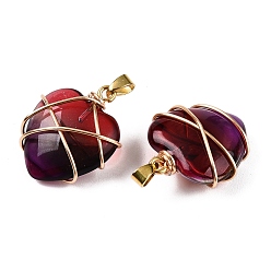 Темно-Красный Подвески lampwork, Подвески-сердечки, обернутые медной проволокой, золотые, темно-красный, 24x21x9 мм, отверстие : 4x6 мм