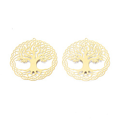 Настоящее золото 18K 201 подвески из нержавеющей стали, гравированные металлические украшения, плоские круглые с дерева жизни, реальный 18 k позолоченный, 41x40.5x0.3 мм, отверстие : 1.4 мм