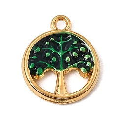 Dark Green 304 Stainless Steel Enamel Pendants, Tree of Life Charms, Ion Plating(IP), Long-Lasting Plated, Real 18K Gold Plated, Dark Green, 14x12x2mm, Hole: 1.5mm