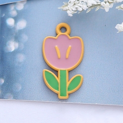 Pale Violet Red Spray Painted Alloy Enamel Pendants, Flower, Pale Violet Red, 23x12mm