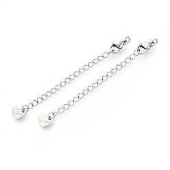 Нержавеющая Сталь Цвет Устойчив к потускнению 304 удлинитель цепи из нержавеющей стали, концевые цепочки с застежками-карабинами и петлями в виде сердечек, цвет нержавеющей стали, 67~72 мм