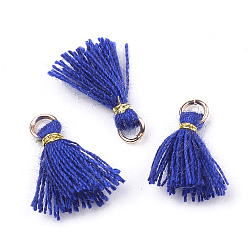 Blue Polycotton(Polyester Cotton) Tassel Pendant Decorations, Mini Tassel, with Iron Findings and Metallic Cord, Light Gold, Blue, 10~15x2~3mm, Hole: 1.5mm