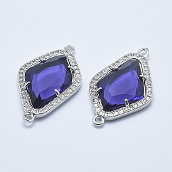 Mauve Brass Micro Pave Cubic Zirconia Links, with Glass, Faceted, Rhombus, Platinum, Mauve, 33x20x5mm, Hole: 1.6mm