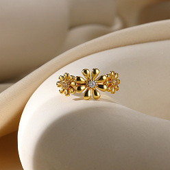 Цветок 304 регулируемые манжеты из нержавеющей стали для женщин, с микро проложить кубического циркония, золотые, цветок, 20.5x10.5 мм, регулируемый