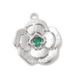 Зеленый Латунь стекло кулоны, цветок, Реальная платина, зелёные, 20x17.5x3 мм, отверстие : 1.6 мм