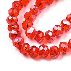 Red Electroplate Glass Beads Strands, Pearl Luster Plated, Faceted, Rondelle, Red, 8x6mm, Hole: 1mm, about 65~72pcs/strand, 15.7~16.1 inch(40~41cm)