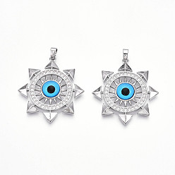 Платина Латунные микро проложить кубического циркония подвески, без кадмия и без свинца, со стеклом, солнце и дурной глаз, платина, 33x30.5x5.5 мм, отверстие : 5x2.5 мм