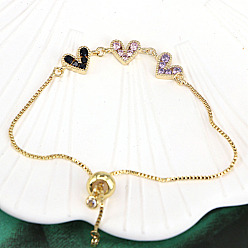 (52) Непрозрачная лаванда Регулируемые браслеты-слайдеры с цепочкой-коробкой, латунные браслеты-цепочки с микропаве из кубического циркония в форме сердца для женщин, золотые, разноцветные, 5-7/8~9-7/8 дюйм (15~25 см)
