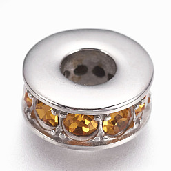 Orange 304 Edelstahlkugeln, mit Zirkonia, Großloch perlen, Flachrund, Edelstahl Farbe, orange, 14x6 mm, Bohrung: 5.5~6 mm