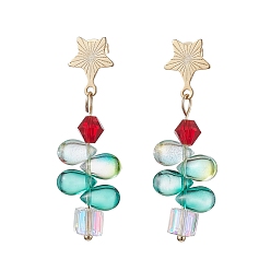 Golden 304 Stainless Steel with Glass Stud Dangle Earring, Star with Teardrop, Green, Golden, 43x13.5mm