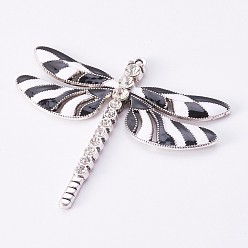 Noir Émail en alliage gros pendentifs, libellule, avec des strass de cristal, argent antique, noir, 56.5x65x5mm, Trou: 2mm