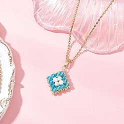 Темно-Голубой Подвеска в виде ромба из натурального радужного лунного камня и стеклянных бусин ручной работы 304 ожерелья из нержавеющей стали с цепочкой-кабелем, золотые, глубокое синее небо, 17.91 дюйм (45.5 см)