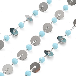 Небесно-голубой Плоские круглые цепочки из латуни и стеклянных бусин ручной работы, для ожерелья браслеты решений, долговечный, пайки, с катушкой, голубой, 4.5x3.5 мм, около 16.40 футов (5 м) / рулон