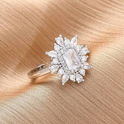 Платина Латунные кольца-манжеты с микропаве и прозрачным цирконием для женщин, Прямоугольник с цветком, без кадмия и без свинца, долговечный, стойки покрытие, платина, размер США 7 1/4 (17.5 мм)