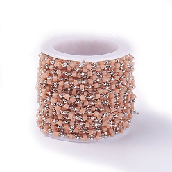 Темный Лосось Ручной цепи стекло бисером, пайки, с латунной фурнитурой , с катушкой, долговечный, Реальная платина, кубические, темный лосось, 2.3~2.8x2.3~2.8x2.3~2.8 мм, 2 мм, около 32.8 футов (10 м) / рулон