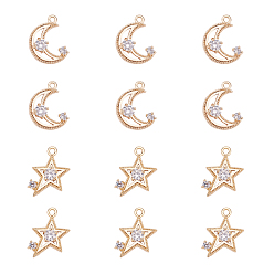 Real 18K Gold Plated Brass Micro Pave Cubic Zirconia Pendants, Star and Moon, Clear, Real 18K Gold Plated, 68x52x1.1mm