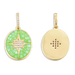 Light Green Brass Micro Pave Clear Cubic Zirconia Pendants, with Shell and Enamel, Golden, Nickel Free, Oval with Star, Light Green, 22x16x2mm, Hole: 4x6mm
