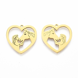 Echt 18 k vergoldet Ionenbeschichtung (IP) 201 Edelstahlanhänger, Herz mit Mädchen & Pferd, echt 18 k vergoldet, 24.5x25x1.5 mm, Bohrung: 1.5 mm
