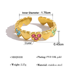 Сердце 304 Открытые кольца-манжеты из нержавеющей стали со стразами для женщин, золотые, сердце, размер США 7 1/4 (17.5 мм)