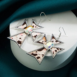 Crystal AB PU Leather Dangle Earring, with Glass Rhinestone, with Alloy Finding, Corss, Crystal AB, 72x40mm
