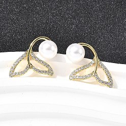 Настоящее золото 18K Серьги-гвоздики «рыбий хвост» с микропаве из прозрачных кубических цирконий из латуни, с абс пластмассовыми жемчужными бисером, стойки покрытие, долговечный, без кадмия и без свинца, реальный 18 k позолоченный, 23.5x17 мм