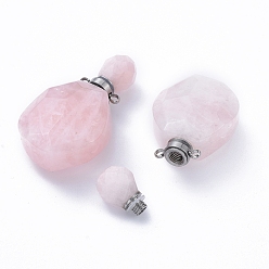 Rose Quartz Faceted Natural Rose Quartz Openable Perfume Bottle Pendants, with 304 Stainless Steel Findings, Stainless Steel Color, 38~39.5x22.5~23x11~13.5mm, Hole: 1.8mm, Bottle Capacity: 1ml(0.034 fl. oz)