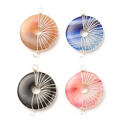 Silver Natural Striped Agate Connector Charms, Twisted with Copper Wire, Dyed, Mixed Color, Flat Round/Disc, Silver, 39~40.5x29.5~30.5x5~5.5mm, Hole: 2.5~3.3mm