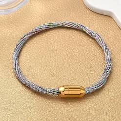 Разноцветный 304 Браслеты из нержавеющей стали с полиэстеровым металлическим шнуром для женщин, с внутренней частью из рыбьей нити и магнитной застежкой, ионное покрытие (ip), красочный, 7-1/4 дюйм (18.3 см)