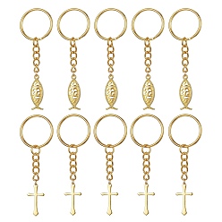 Античное Золото Брелок из латуни и сплава в тибетском стиле, с железными разрезными брелоками, подвески в виде креста/рыбы Иисуса, античное золото , 7.6 см, 10 шт / комплект