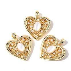 Настоящее золото 18K Натуральный белый оболочки подвески, подвески в форме сердца с латунными микропаве из прозрачных кубических цирконий, реальный 18 k позолоченный, 19x17x5 мм, отверстие : 2x3.5 мм