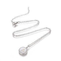 Letter A Brass Initial Pendant Necklaces, with Shell, Cubic Zirconia and 304 Stainless Steel Cable Chains, Flat Round with Letter, Letter.A, 17.5 inch(44.5cm), 1.5mm
