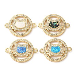 Mixed Color Rack Plating Brass Micro Pave Clear Cubic Zirconia Connector Charms, Ring Cat Links with Synthetic Opal, Real 18K Gold Plated, Cadmium Free & Lead Free, Long-Lasting Plated, Mixed Color, 18.5x24.5x3.5mm, Hole: 1.8mm