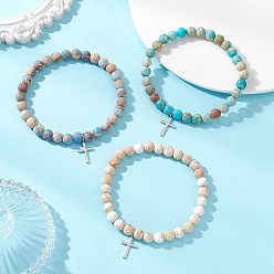 (52) Непрозрачная лаванда 3шт. 201 браслеты с подвесками в виде крестов из нержавеющей стали, Круглые матовые натуральные бусины из императорской яшмы, эластичные браслеты для женщин и мужчин, разноцветные, внутренний диаметр: 1.97 ~2.09 дюйм (5~5.3 см)