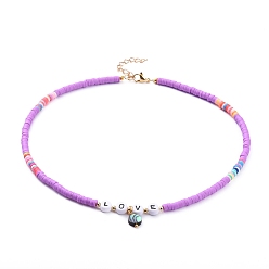 Plum Pendant Necklaces, with Polymer Clay Heishi Beads, Natural Abalone Shell Beads, Acrylic Beads and Brass Beads, Flat Round, Word Love, Plum, 18.9 inch(48cm)