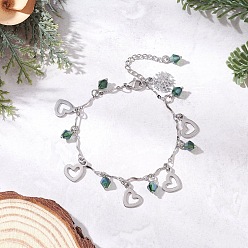 Зеленый 304 браслеты с подвесками из нержавеющей стали и сплава со стразами, браслеты с волнистыми звеньями для женщин, сердце и снежинка, со стеклом, зелёные, 7-1/2 дюйм (19 см)
