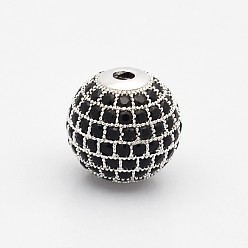 Platinum CZ Brass Micro Pave Grade AAA Black Color Cubic Zirconia Round Beads, Cadmium Free & Nickel Free & Lead Free, Platinum, 8mm, Hole: 1.7mm