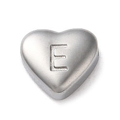 Letter E 201 Stainless Steel Beads, Stainless Steel Color, Heart, Letter E, 7x8x3.5mm, Hole: 1.5mm
