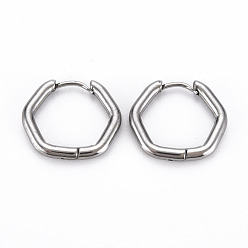 Stainless Steel Color Tarnish Resistant Hexagon Huggie Hoop Earrings for Women, Hypoallergenic and Safe for Sensitive Ears, with 316 Surgical Stainless Steel Pin, Stainless Steel Color, 10 Gauge, 17x19x2.5mm, Pin: 1mm