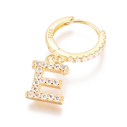 Letter E 925 Sterling Silver Hoop Earrings, Dangle Earrings, with Cubic Zirconia, with S925 Stamp, Letter, Clear, Golden, Letter.E, 19mm, Pendants: about 8.5x6.5x1.5mm, Pin: 0.6mm