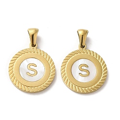 Letter S Ионное покрытие (ip) 304 подвески из нержавеющей стали, плоские круглые подвески-ракушки с буквой, золотые, Письмо с, 20.5x17.5x1.5 мм, отверстие : 2.5x4.5 мм