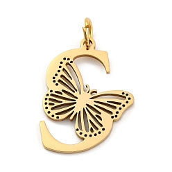 Letter S Ионное покрытие (ip) 201 подвески из нержавеющей стали, письмо с подвесками-бабочками, золотые, Письмо с, 27.5x21.5x1.5 мм, Кольцо: 7x1 mm, отверстие : 5 мм