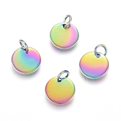 Rainbow Color Ионное покрытие (ip) 304 брелоки из нержавеющей стали, с прыжковых колец, штамповка заготовок тегов, плоско-круглые, Радуга цветов, 10x1 мм, отверстие : 3.5 мм