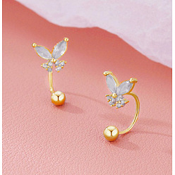 Прозрачный Латунные серьги-гвоздики с кубическим цирконием, бабочка, золотые, прозрачные, 16.3x8.6 мм