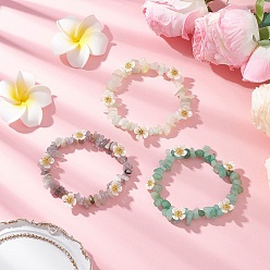 Mixed Stone 3Pcs Natural Green Aventurine & New Jade & Labradorite Beaded Stretch Bracelets for Women, with ABS Plastic Imitation Pearl Flower, Inner Diameter: 2 inch(5cm)