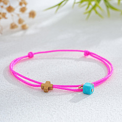Темно-Розовый Синтетические бирюзовые браслеты из бисера, регулируемые браслеты из плетеного шнура из полиэстера для женщин, куб и крест, с латунным, темно-розовыми, 11.02 дюйм (28 см)