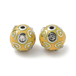 Gold Platinum Alloy Enamel Beads, with Rhinestone, Round, Gold, 12x11.5mm, Hole: 1.8mm