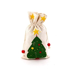 Christmas Tree Christmas Linen Gift Bags, Drawstring Candy Cookie Cloth Bags, Rectangle, Christmas Tree, 23x15cm