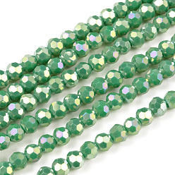 Medium Sea Green Faceted(32 Facets) Round Full Rainbow Plated Electroplate Glass Beads Strands, Medium Sea Green, 4mm, Hole: 1mm, about 90~95pcs/strand, 12.8~13.6 inch(32~34cm)