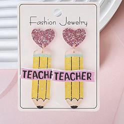 Pencil Teachers' Day Printed Acrylic Stud Dangle Earrings for Women, with Glitter Powder, Pencil, 79x22mm